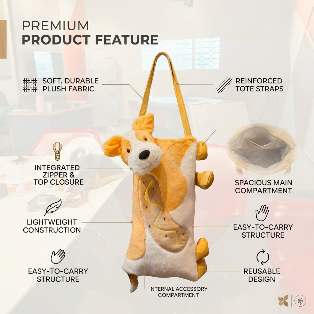 Cute Dog Plush Tote Bag for Women & Girls – Soft Velvet Corgi Hotdog Shoulder Bag with Zipper, Reusable Casual Travel & Everyday Carry Bag
