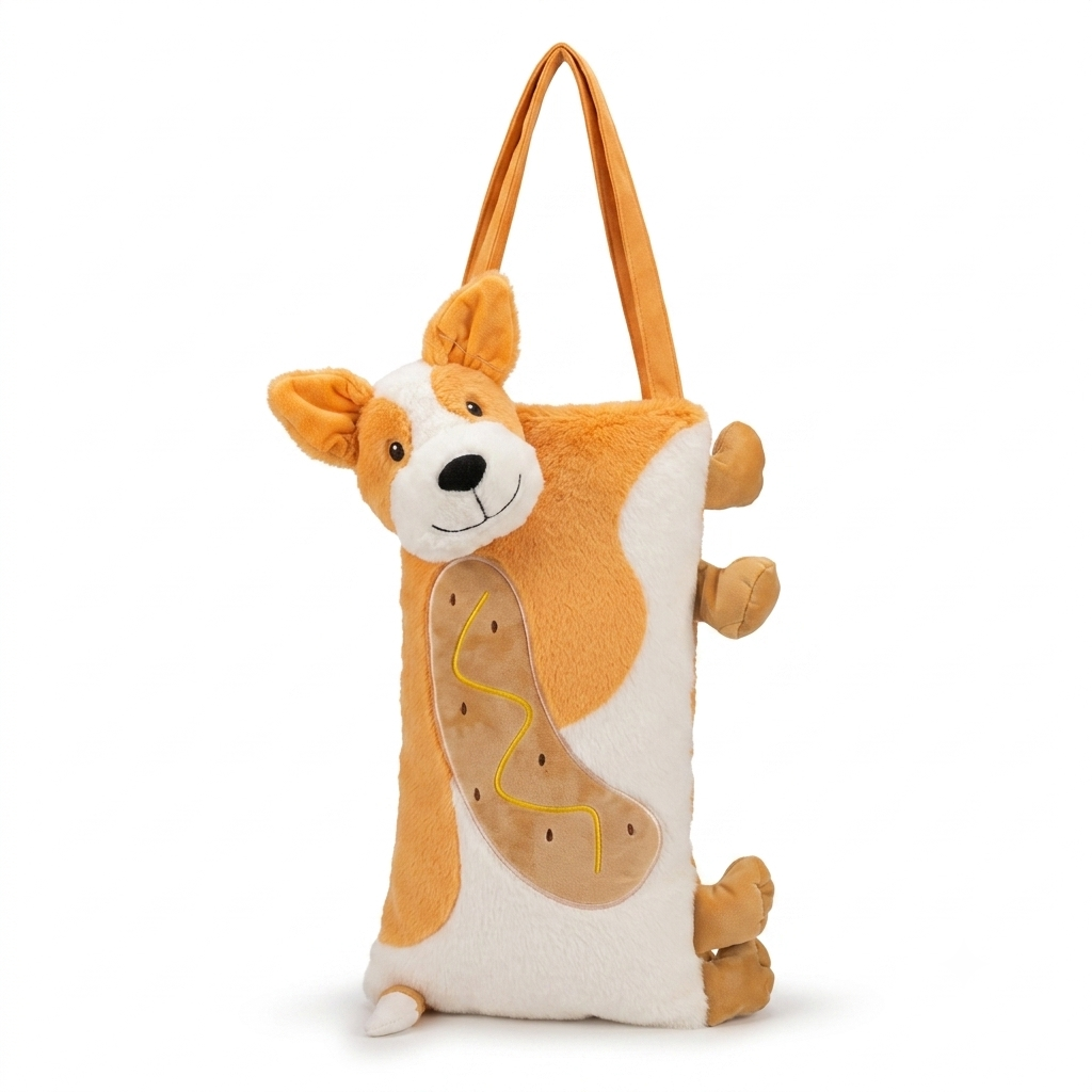 Cute Dog Plush Tote Bag for Women & Girls – Soft Velvet Corgi Hotdog Shoulder Bag with Zipper, Reusable Casual Travel & Everyday Carry Bag