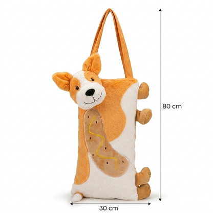 Cute Dog Plush Tote Bag for Women & Girls – Soft Velvet Corgi Hotdog Shoulder Bag with Zipper, Reusable Casual Travel & Everyday Carry Bag